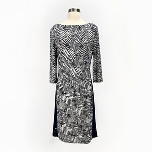 Lauren Ralph‎ Lauren Dress Navy White Sz 10 Geometric Print Ruched 3/4 Sleeve